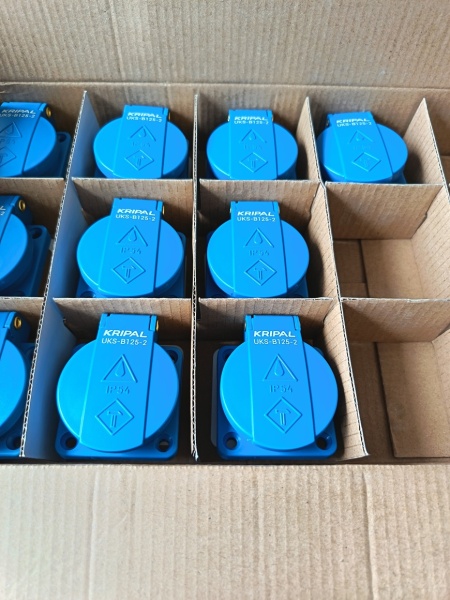 Розетка встраиваемая 16A, SCHUKO без шторок 2P+E, 250VAC 50/60Hz, фланец 50x50mm, IP54, синяя