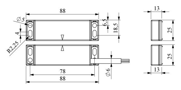 Магнитный дверной выключатель, пластиковый правый выход 2NC+1NO S=8мм 2м кабель78 мм