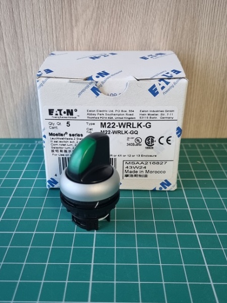 Переключатель 0-I (60o, фикс.) с зел. рукояткой с подсв. Titan M22-WRLK-G, IP66