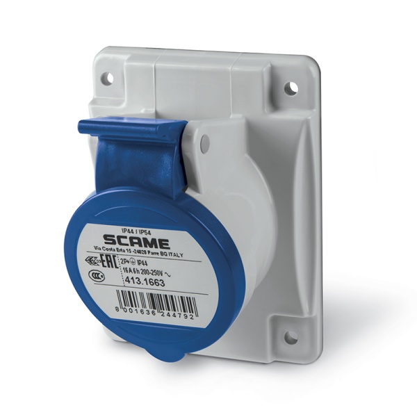 Разъем пром. силовой CEE встраиваемый наклонный, гнездо, 16A, 2P+E 6h, 200_250VAC 50/60Hz, уст. 70x87mm, IP44/IP54, серия OPTIMA