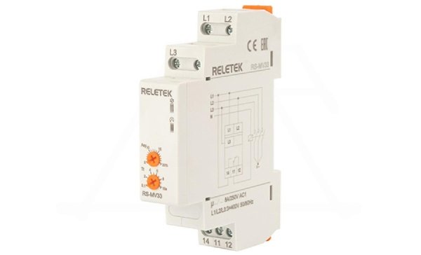 Реле контроля напряжения RS-MV33/400, 3P L-L 400V, 1CO, 8A(250VAC), обрыв, чередование, асимметрия, 0.1_10s, 1M
