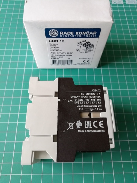 Контактор CNN 12 10 380/400V 50Hz, 3P, 12A/(25A по AC-1), 5.7kW(400VAC), 380/400VAC, 1NO