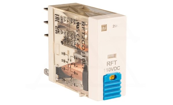 Реле RFT2CO110LT 2CO, 8A, (250VAC/30VDC), 110VDC, мех. индикация, тест-кнопка с блокировкой, LED