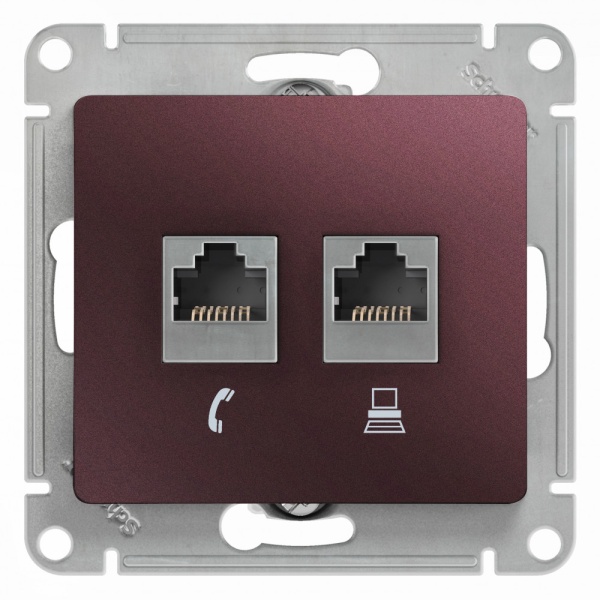 GLOSSA РОЗЕТКА двойная RJ11+RJ45, кат.5Е,механизм, БАКЛАЖАНОВЫЙ