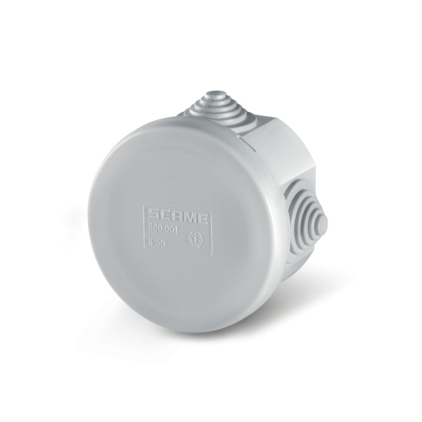 Коробка распред. круглая, d65x40mm, вводы 4x23mm(PG16), IK04, GW 650°C, IP55, серия SCABOX