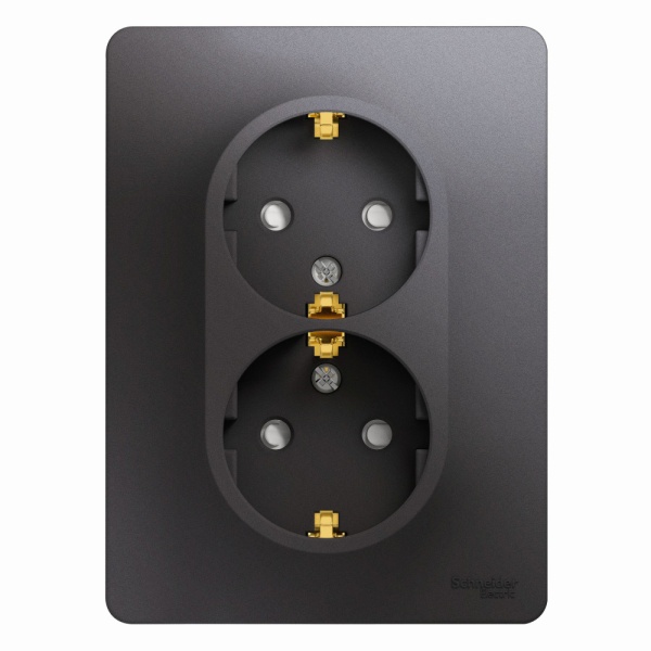 GLOSSA РОЗЕТКА двойная с заземлением со шторками, 16А, в сборе, ГРАФИТ