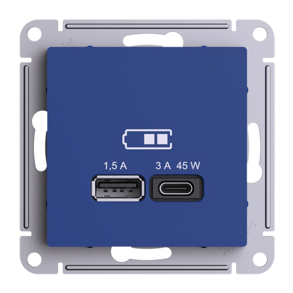 ATLASDESIGN USB РОЗЕТКА A + тип-C 45Вт высокоскор.заряд. QC, PD, механизм, АКВАМАРИН