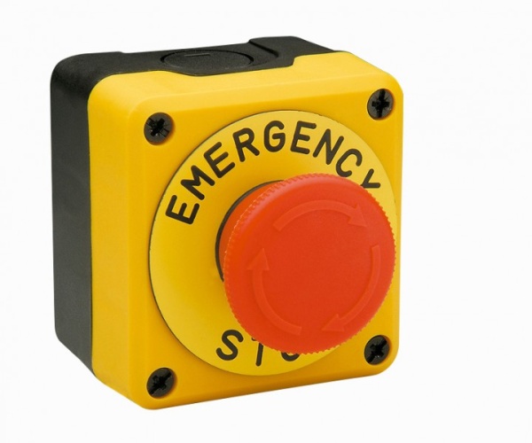 Пост управления однокнопочный (кнопка аварийная "Грибок" 40мм, 1НЗ, возврат поворотом, с маркировкой), жёлтый-чёрный цвет, cерия P, пластиковый корпус (250В AC, 4А), IP65 P1EC400E40K