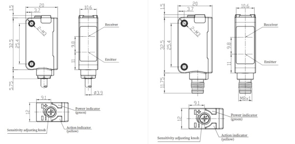 LANBAO PSE-YC15DPRV-E3 оптический датчик 32,5x10,6x20мм PNP NO+NC Sn=150мм  разъем M8