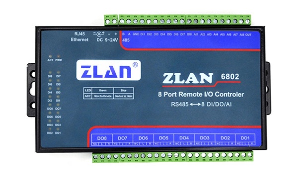Станция удаленного ввода/вывода ZLAN6802, 8DI, 8RO, 8AI (4..20MA), RS-485 (Modbus RTU), 24VDC