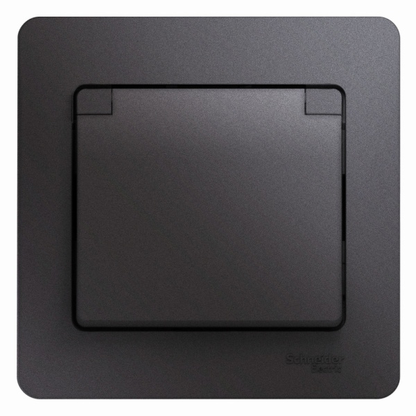 GLOSSA РОЗЕТКА с заземлением со шторками с крышкой, 16А, IP20, в сборе, ГРАФИТ