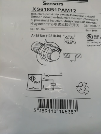 ИНДУКТИВНЫЙ ДАТЧИК ЦИЛИНДР NO PNP M18, L=74mm, латунь, Sn=8mm, 12...48 В постоянного тока, подключ. M12 XS618B1PAM12