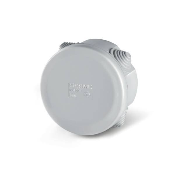 Коробка распред. круглая, d80x40mm, вводы 4x23mm(PG16), IK04, GW 650°C, IP55, серия SCABOX