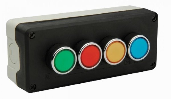Пост управления 4 кнопки (зелёная 1НО, красная 1НЗ, жёлтая 1НО, синяя 1НО), черный-серый цвет, cерия P, пластиковый корпус (250В AC, 4А), IP65 P43A1B