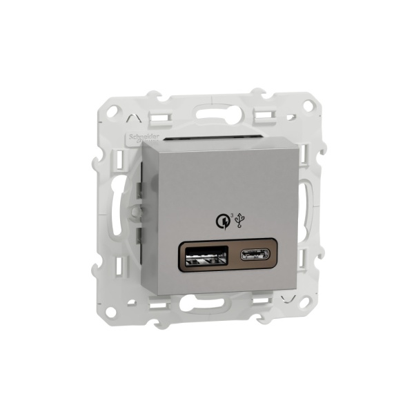 UNICA NEW РОЗЕТКА быстрая зарядка USB, 2-местная, тип А+С, 18 Вт, АЛЮМИНИЙ