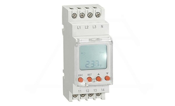 Реле контроля напр. RD-MVS3, 3P L-L 200_500VAC, 2CO, 8A(250VAC), обрыв, черед., Umin+Umax, асимметр., 0.1_30s, LCD, 1M