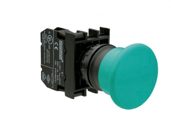 Кнопка "Грибок" 40мм (1НО), без фиксации, зелёный цвет, серия B (250В AC, 4А), IP50 B100MY
