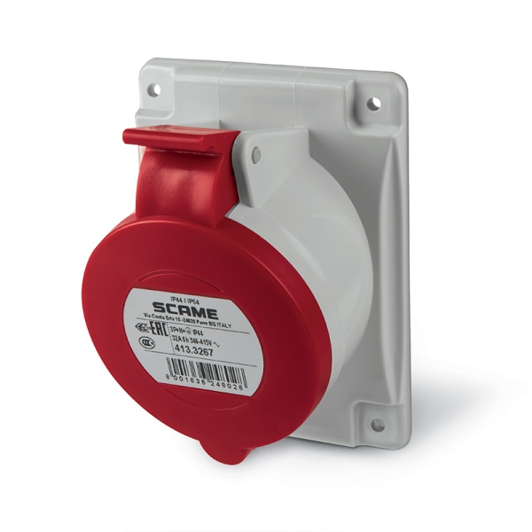 Разъем пром. силовой CEE встраиваемый наклонный, гнездо, 32A, 3P+N+E 6h, 346_415VAC 50/60Hz, уст. 84x106mm, IP44/IP54, серия OPTIMA