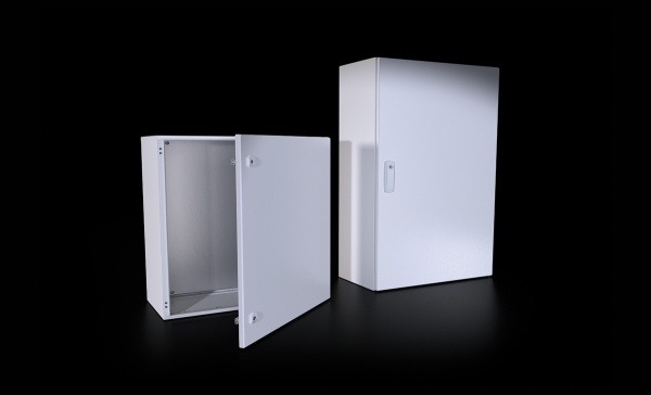 Щит DM моноблочный 300x300x210мм (ВхШхГ) навесной с монт. панелью, 1 глухая дверь, 1 замок, 2 петли, RAL7035, IP66