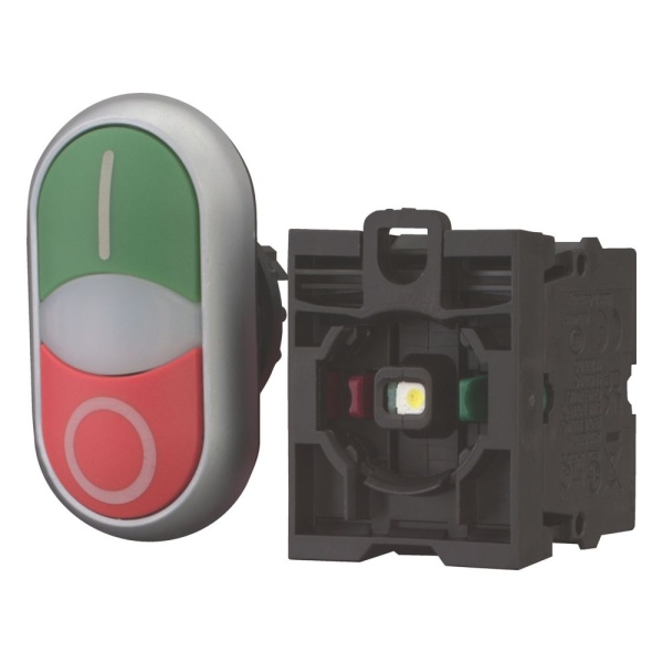 Кнопка двойная в сборе M22-DDL-GR-X1/X0/K11/230-W Eaton M22 Double actuator pushbutton, flat, momentary, 1 N/O, 1 N/C, green, red, 230 V AC, Screw connection, Bezel: chrome