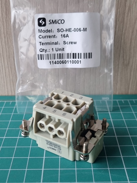Вставка контактная, размер H6B, тип вилка, 6P+PE, 16A, 500V, винтовой зажим (SO-HE-006-M)