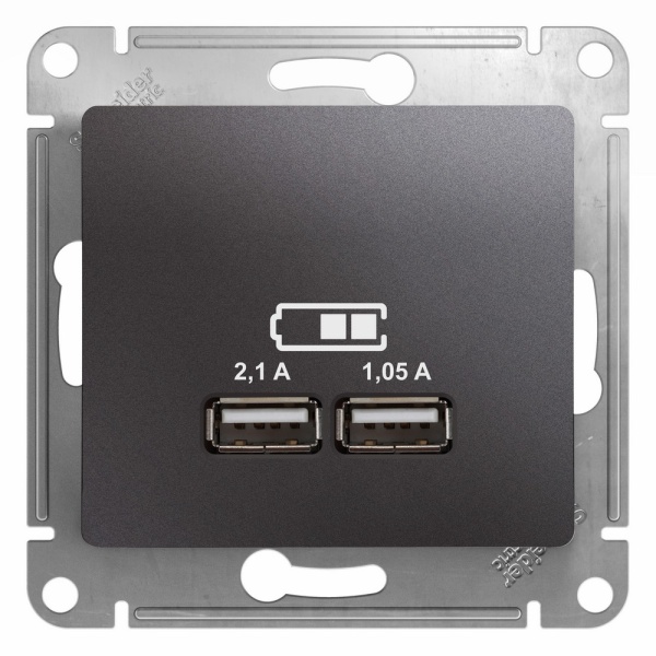 GLOSSA USB РОЗЕТКА A+A, 5В/2,1А, 2х5В/1,05А, механизм, ГРАФИТ