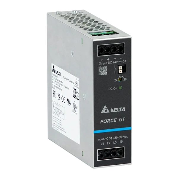 Блок питания импульсный Force-GT, 120W, 5А, 3(2)х320(340)_575VAC (450_800VDC) / 24VDC, DIN35, реле DC OK, винт.клеммы, ал.корпус