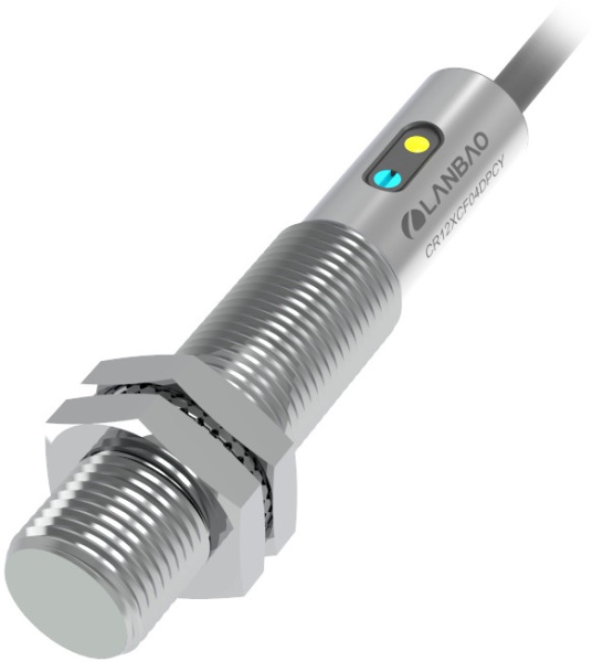 LANBAO CR12XCF04DPCY Емкостный датчик 4 мм, 10…30 DC, PNP, NC, заподлицо, никелированная латунь, кабельPVC 2 м,  м12, IP67