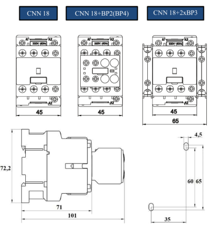 Контактор CNN 18 10 24V 50Hz, 3P, 18A/(30A по AC-1), 7.5kW(400VAC), 24VAC, 1NO