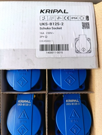 Розетка встраиваемая 16A, SCHUKO без шторок 2P+E, 250VAC 50/60Hz, фланец 50x50mm, IP54, синяя