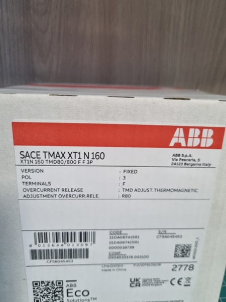 Авт. выключатель Tmax XT1N 160/80 TMD, 80A 3P 36kA It=0.7…1In Ie=10In