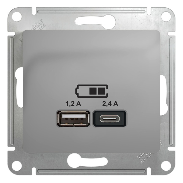GLOSSA USB РОЗЕТКА А+С, 5В/2,4А, 2х5В/1,2А, механизм, АЛЮМИНИЙ