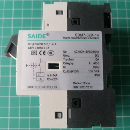 Авт. выключатель SDM7-32X-14, 3P, In=14A, 690VAC, Icu=15kA, Ie=9_14A, Ii=12In, CLASS 10A, управление кнопками