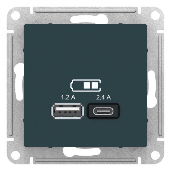 ATLASDESIGN USB РОЗЕТКА А+С, 5В/2,4А, 2х5В/1,2А, механизм, ИЗУМРУД