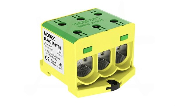 Клемма Morek OTL150-3 желто-зеленая, 3xAl/Cu 25_150mm², 320(CU)/290(AL)A на клемму, 1000V, винтовые зажимы